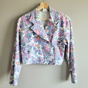 Vintage Atmosphere 100% cotton cropped floral jacket design asymmetrical zipper.